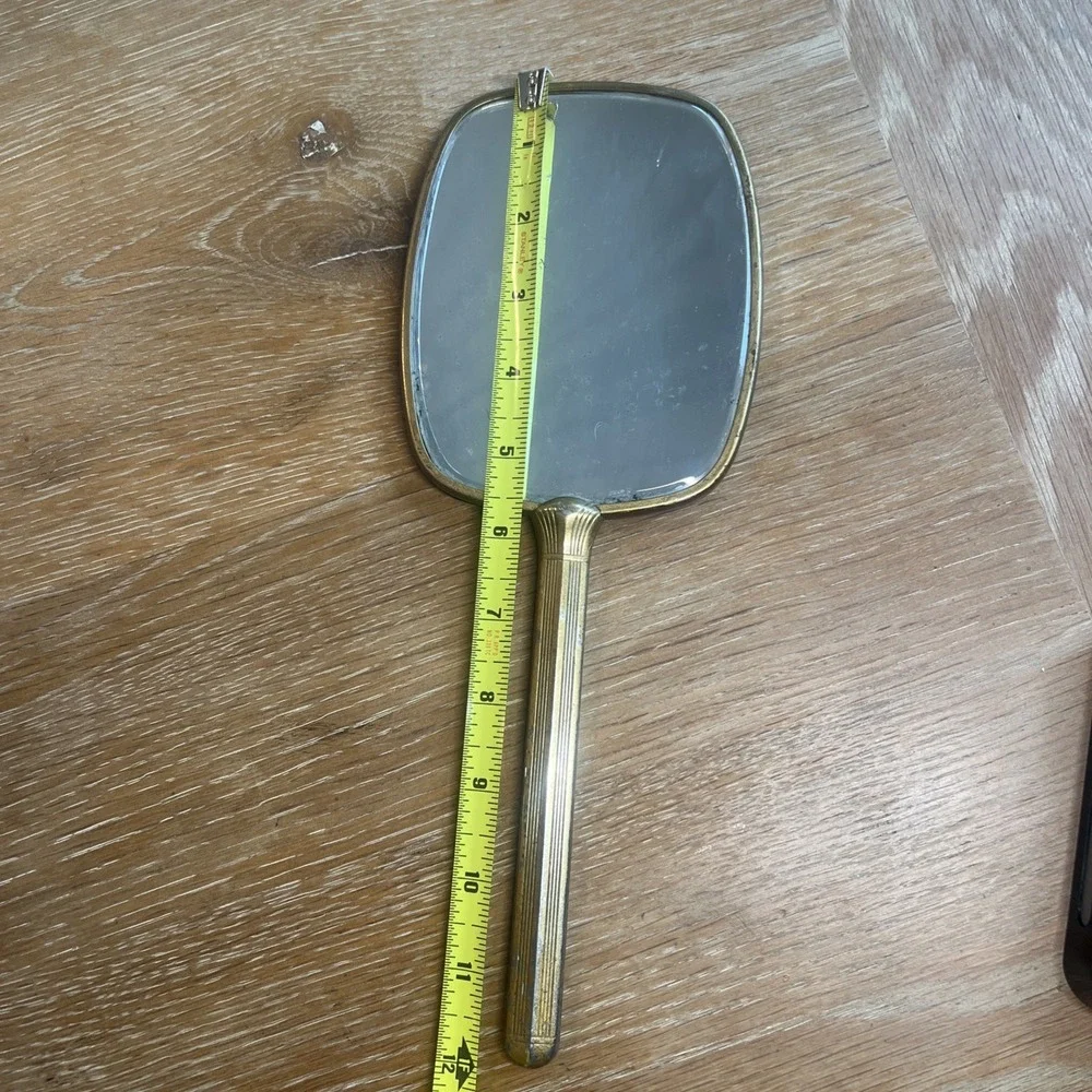 Art Deco Vintage‎ French Metal Brass Plated  Vanity Hand  Mirror 12